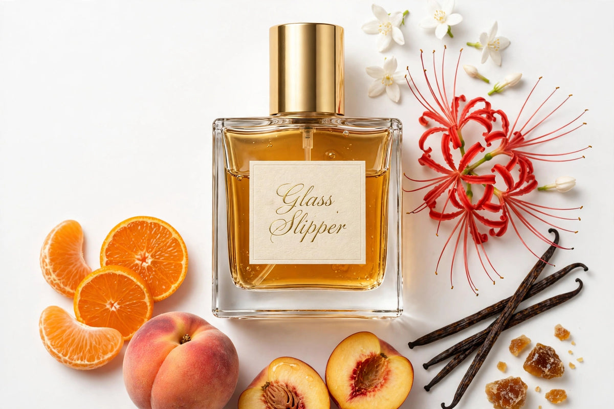 Glass Slipper perfume oil in square glass bottle with gold cap, amber oil, surrounded by fragrance notes