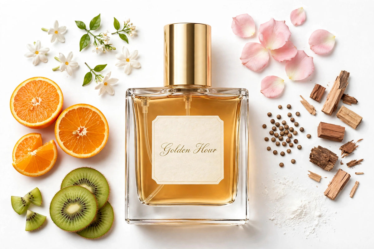 Golden Hour perfume oil in square glass bottle with gold cap, amber oil, surrounded by fragrance notes