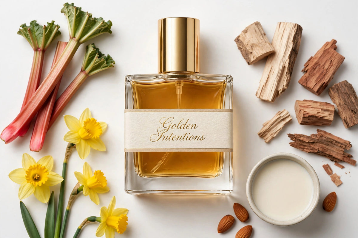 Golden Intentions perfume oil in square glass bottle with gold cap, amber oil, surrounded by fragrance notes