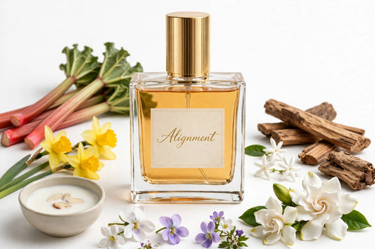 Alignment perfume oil in square glass bottle with gold cap, amber oil, surrounded by fragrance notes