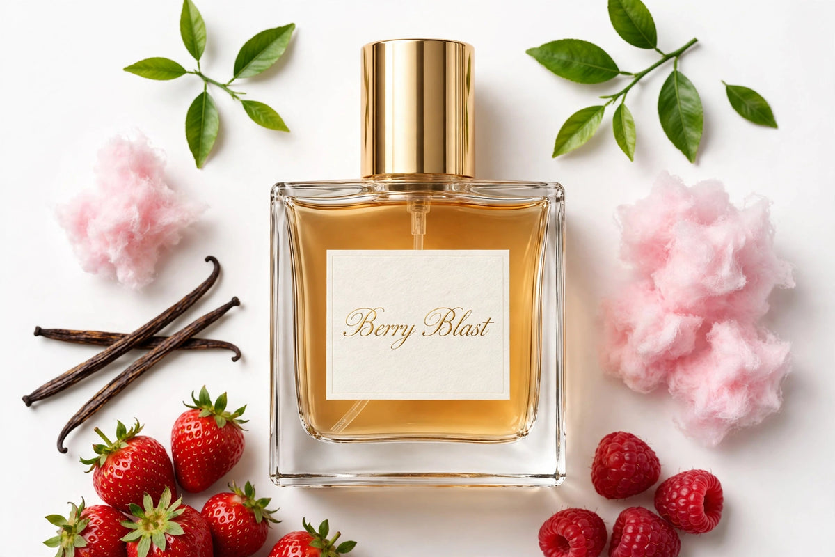 Berry Blast perfume oil in square glass bottle with gold cap, amber oil, surrounded by fragrance notes
