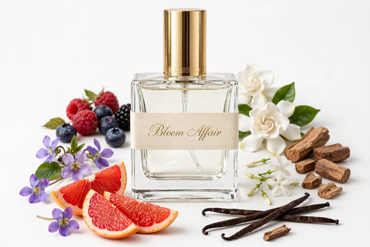 Bloom Affair perfume oil in square glass bottle with gold cap, clear oil, surrounded by fragrance notes