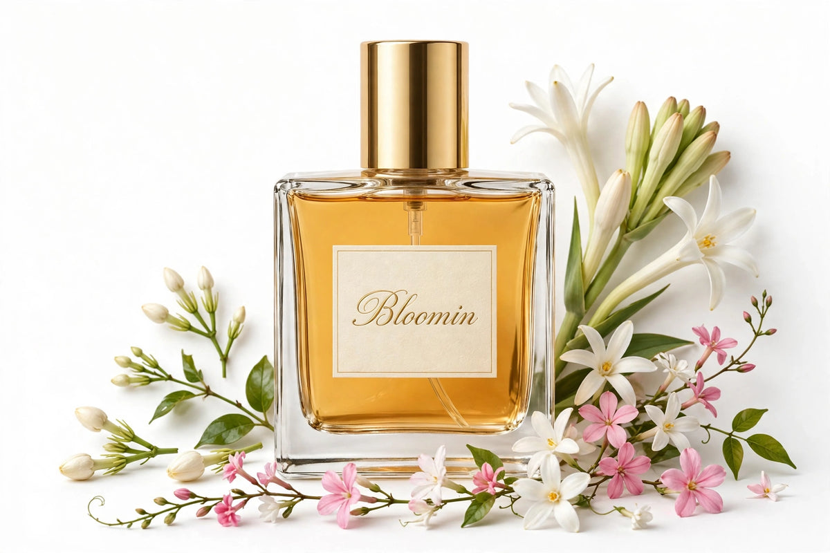 Bloomin perfume oil in square glass bottle with gold cap, amber oil, surrounded by fragrance notes