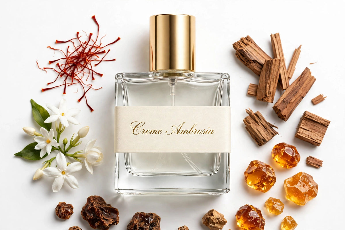 Creme Ambrosia perfume oil in square glass bottle with gold cap, clear oil, surrounded by fragrance notes
