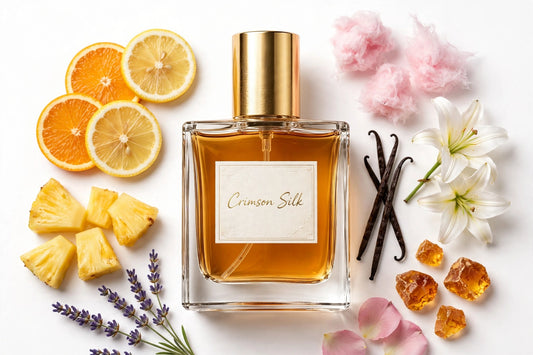Crimson Silk perfume oil in square glass bottle with gold cap, amber oil, surrounded by fragrance notes