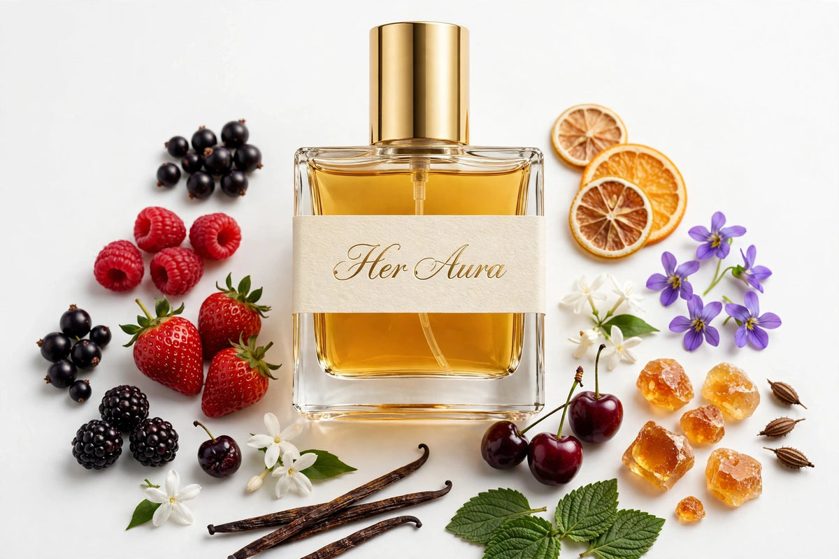 Her Aura perfume oil in square glass bottle with gold cap, amber oil, surrounded by fragrance notes