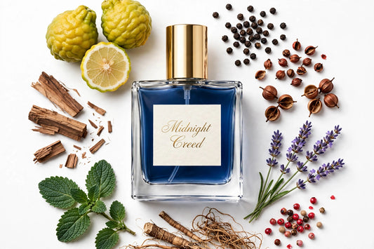 Midnight Creed perfume oil in square glass bottle with gold cap, blue oil, surrounded by fragrance notes