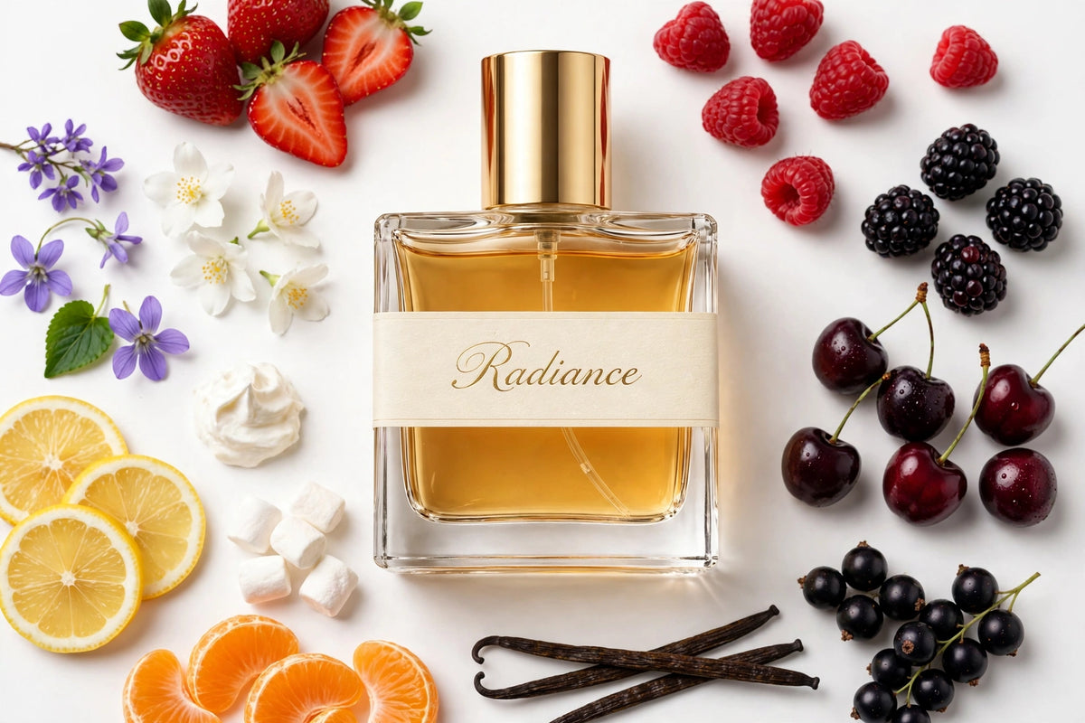 Radiance perfume oil in square glass bottle with gold cap, amber oil, surrounded by fragrance notes