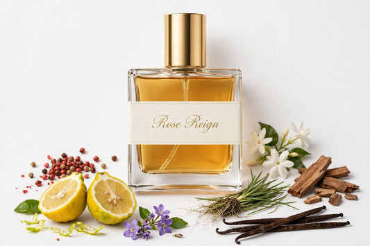 Rose Reign perfume oil in square glass bottle with gold cap, amber oil, surrounded by fragrance notes