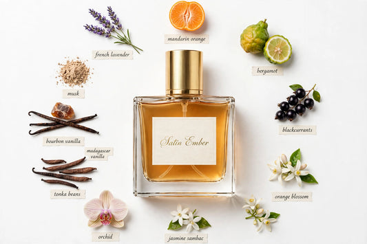 Satin Ember perfume oil in square glass bottle with gold cap, amber oil, surrounded by fragrance notes