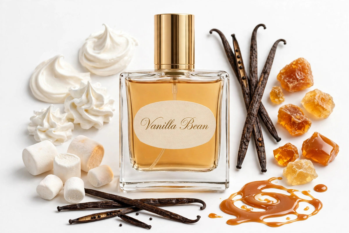 Vanilla Bean perfume oil in square glass bottle with gold cap, amber oil, surrounded by fragrance notes