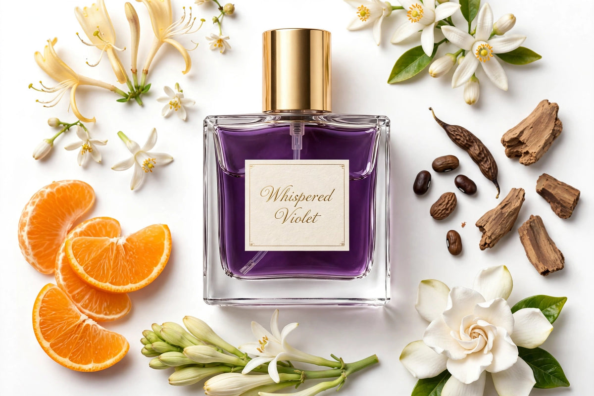 Whispered Violet perfume oil in square glass bottle with gold cap, purple oil, surrounded by fragrance notes